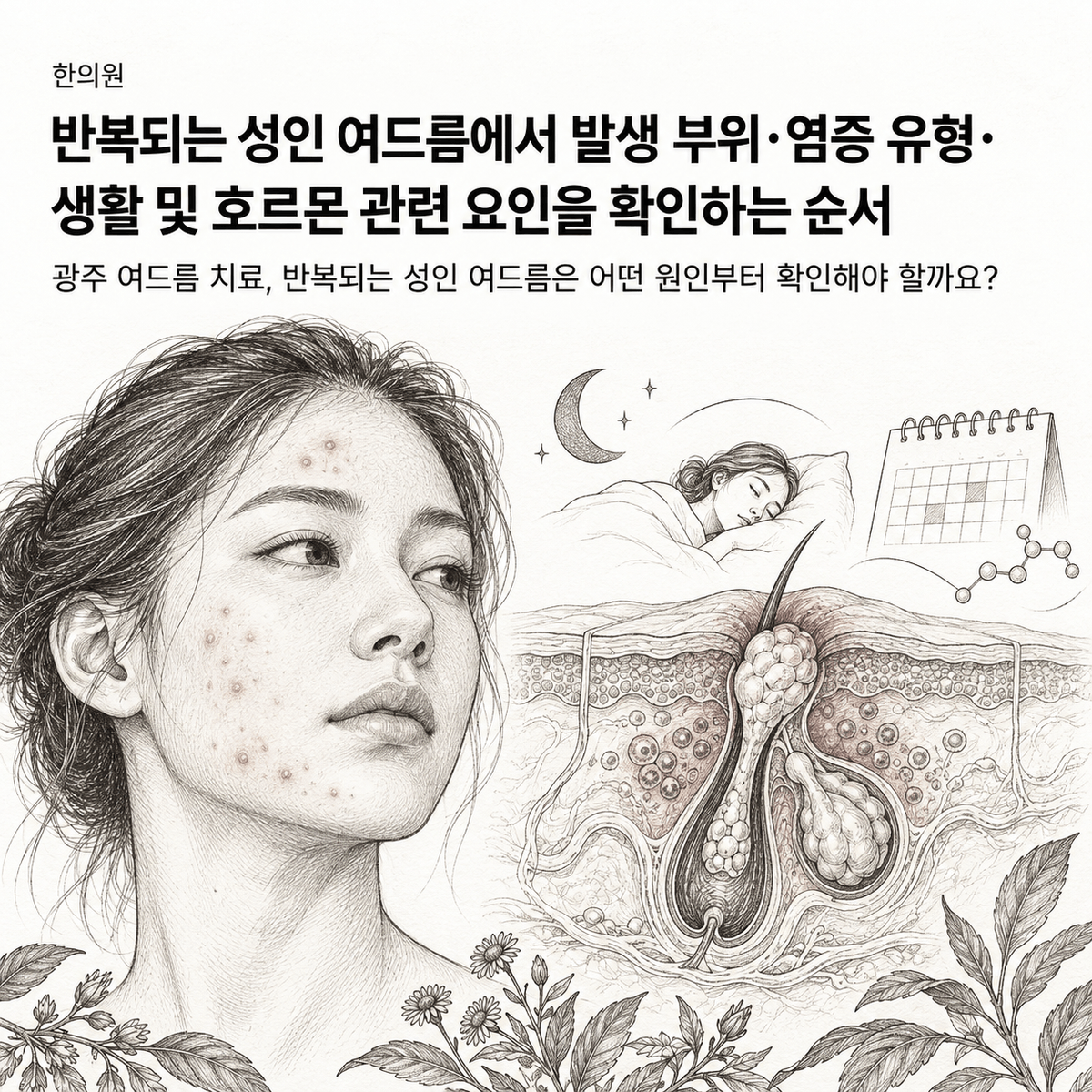 광주 한의원 반복되는 성인 여드름에서 발생 부위·염증 유형·생활 및 호르몬 관련 요인을 확인하는 순서 핵심 정보 이미지