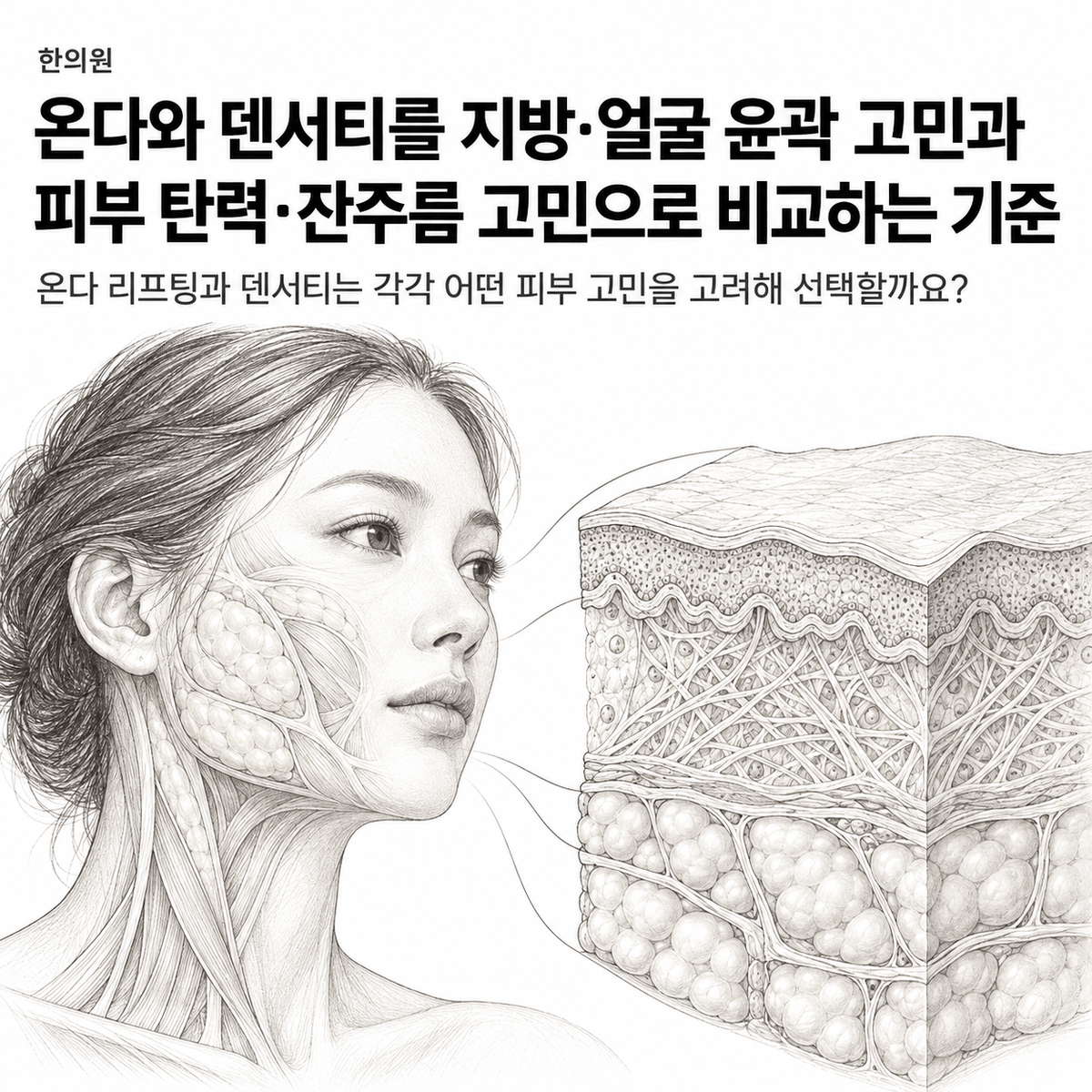 광주 한의원 온다와 덴서티를 지방·얼굴 윤곽 고민과 피부 탄력·잔주름 고민으로 비교하는 기준 핵심 정보 이미지
